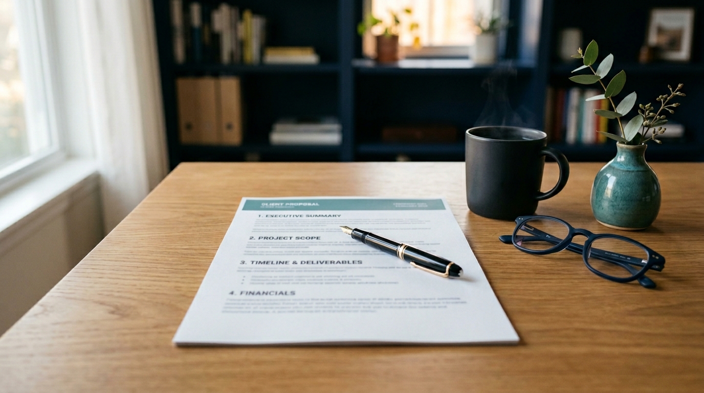 A printed client proposal with teal header on a wooden desk, fountain pen, coffee, glasses and eucalyptus