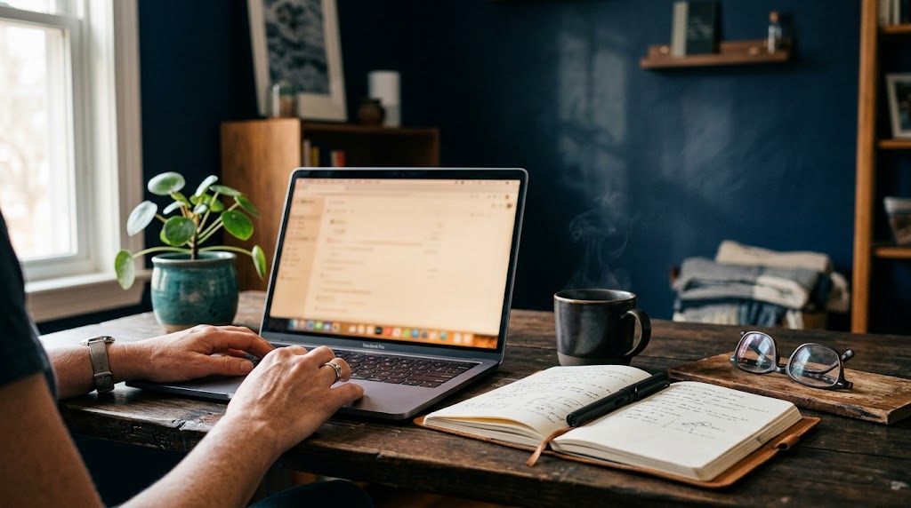 Founder's workspace at dawn — laptop, coffee, leather notebook, glasses, teal plant