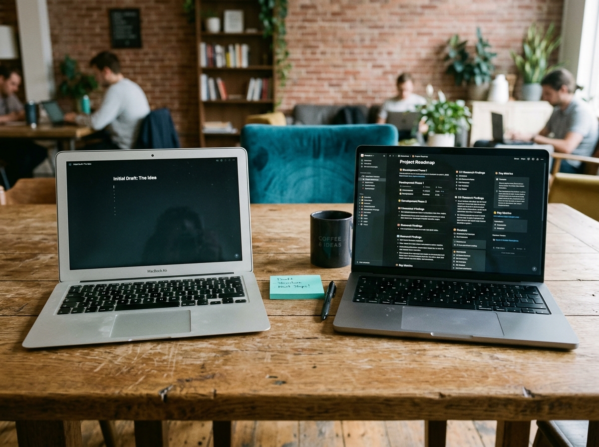 Two laptops side by side: a sparse draft on the left, a full structured document on the right
