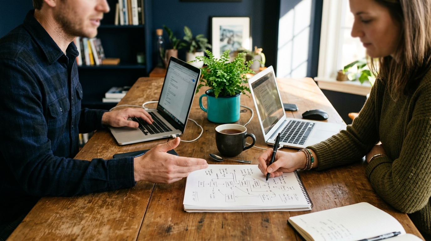 A founder and new team member working side by side at a wooden desk with open notebooks and laptops