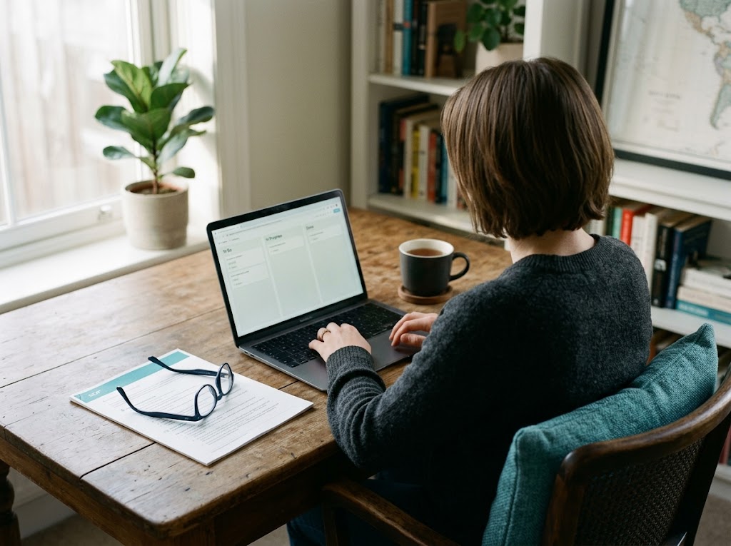 A calm Monday-morning home office with an SOP document and laptop showing a task board